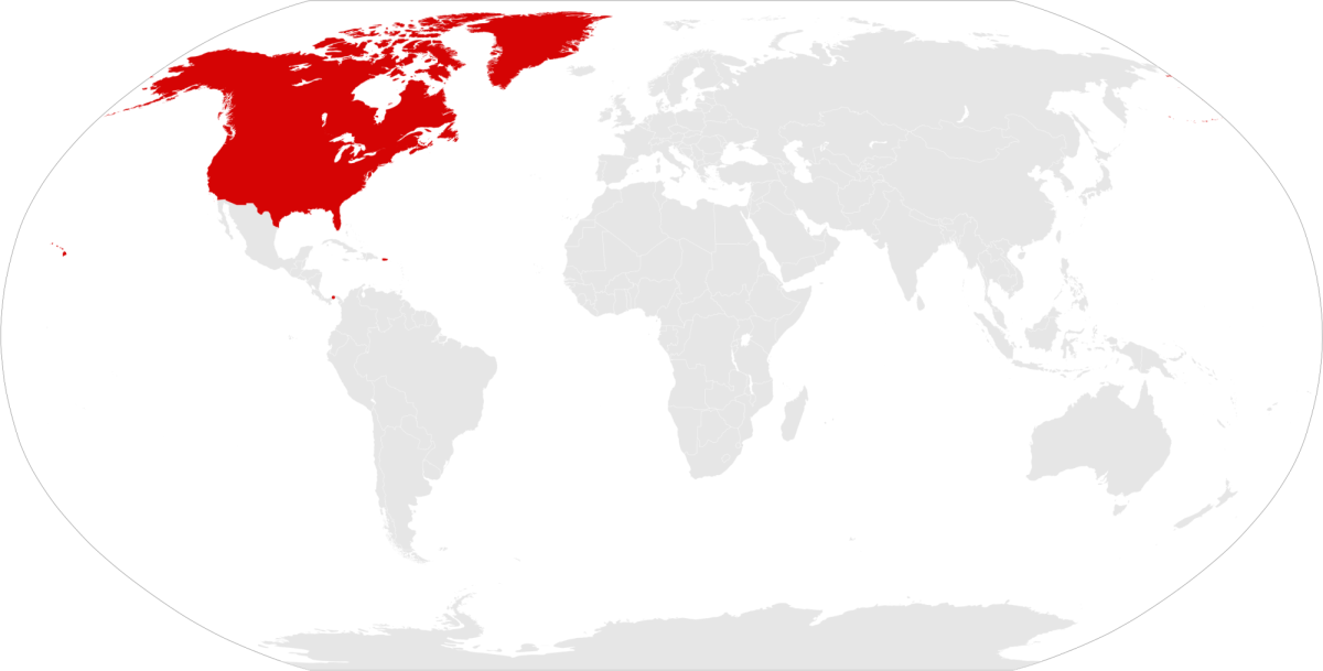 In red: The United States, Canada, Greenland, and the Panama Canal Zone.